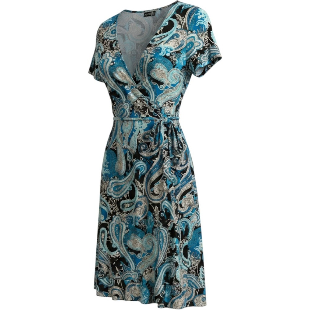 Apt 9 Dress Women 2X Short Sleeve Wrap Teal Blue Paisley Ruffle Retro EUC